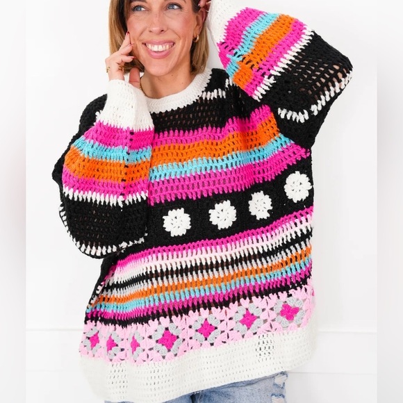 POL • Multicolor Floral Crochet Striped Sweater - Picture 1 of 14